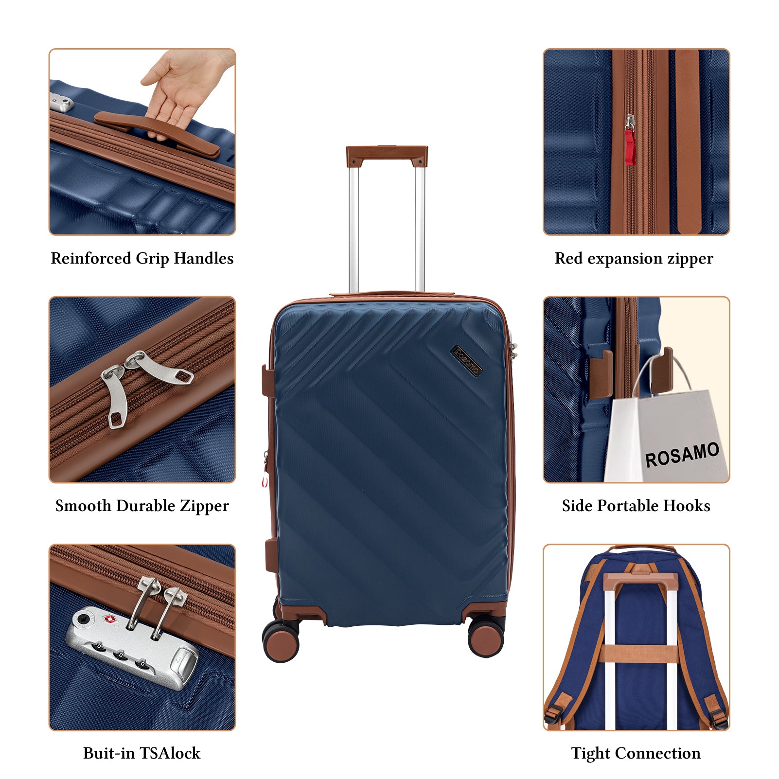 Rosamo 3-Piece 20 inch Hardside Luggage Set, Carry on Suitcase with Spinner Wheels & TSA Lock, Travel Backpack with USB & Type-C Charging Port, Toiletry Bag, Dark Blue