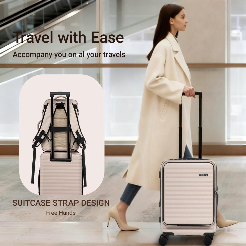 Rosamo 3-Piece Luggage Set, 20" Front Open Carry-on Hardside Suitcase with Spinner Wheels, Travel Backpack & Toiletry Bag,Expandable Luggage for Business & Trips,Beige