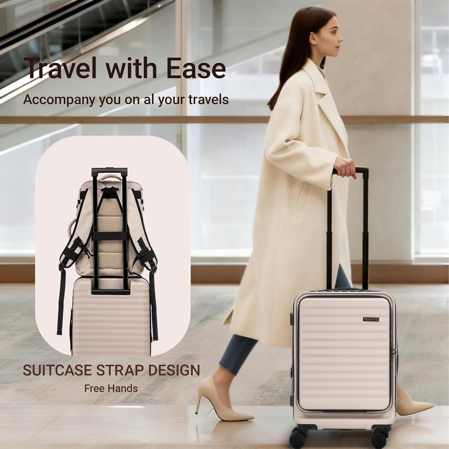 Rosamo 3-Piece Luggage Set, 20" Front Open Carry-on Hardside Suitcase with Spinner Wheels, Travel Backpack & Toiletry Bag,Expandable Luggage for Business & Trips,Beige
