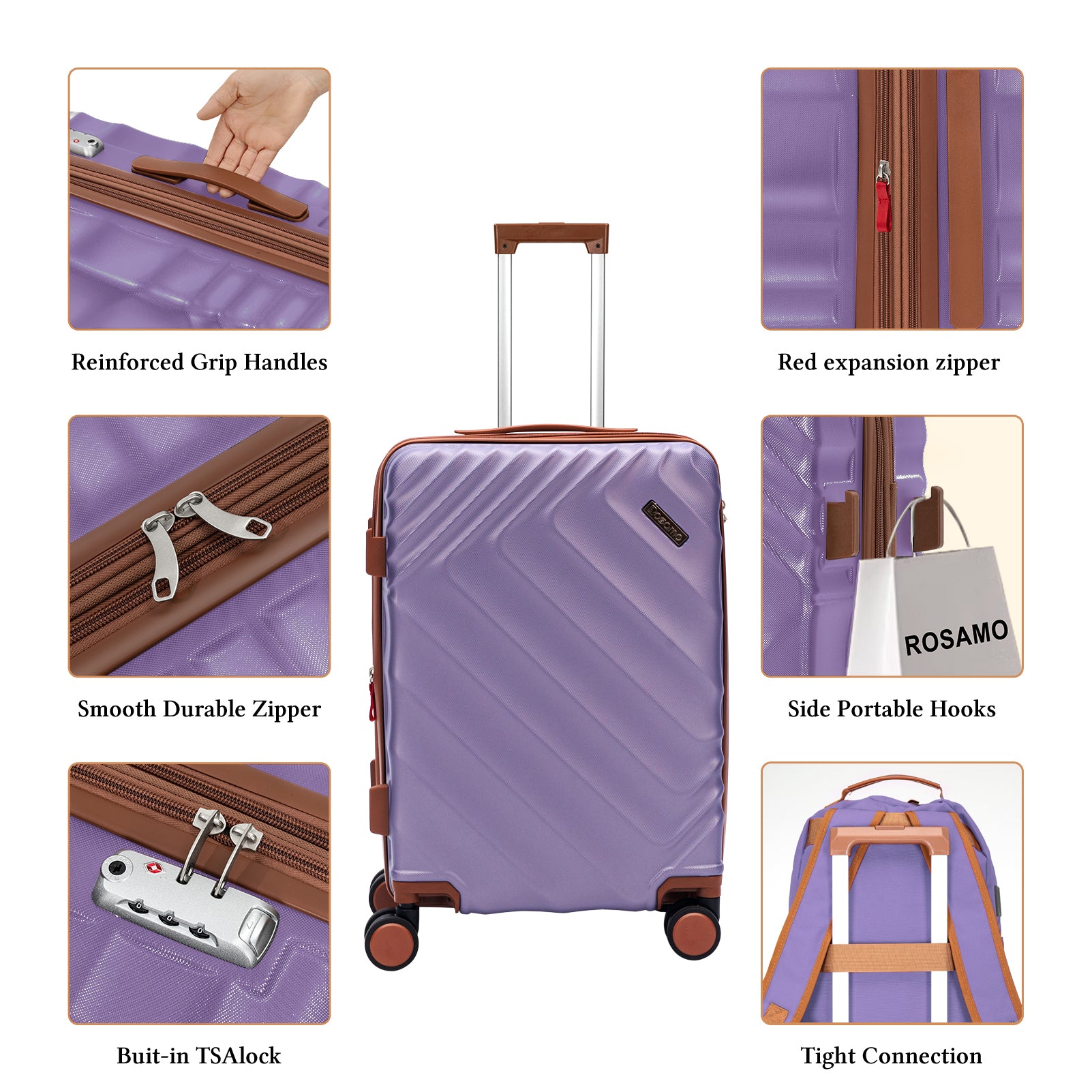 Rosamo 3-Piece 20 inch Hardside Luggage Set, Carry on Suitcase with Spinner Wheels & TSA Lock, Travel Backpack with USB & Type-C Charging Port, Toiletry Bag, Purple