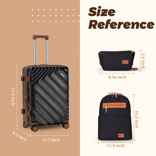 Rosamo 3-Piece 20 inch Hardside Luggage Set, Carry on Suitcase with Spinner Wheels & TSA Lock, Travel Backpack with USB & Type-C Charging Port, Toiletry Bag, Black