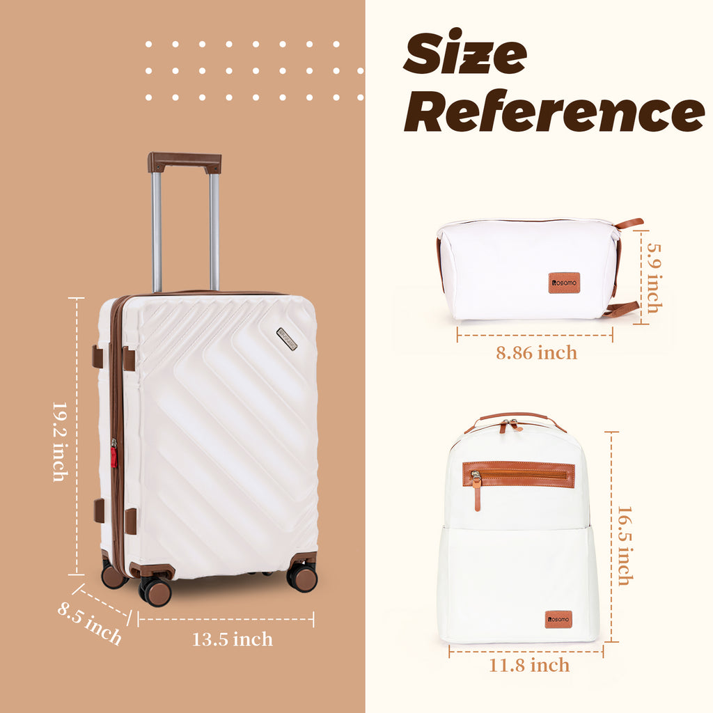 Rosamo 3-Piece 20 inch Hardside Luggage Set, Carry on Suitcase with Spinner Wheels & TSA Lock, Travel Backpack with USB & Type-C Charging Port, Toiletry Bag, Beige