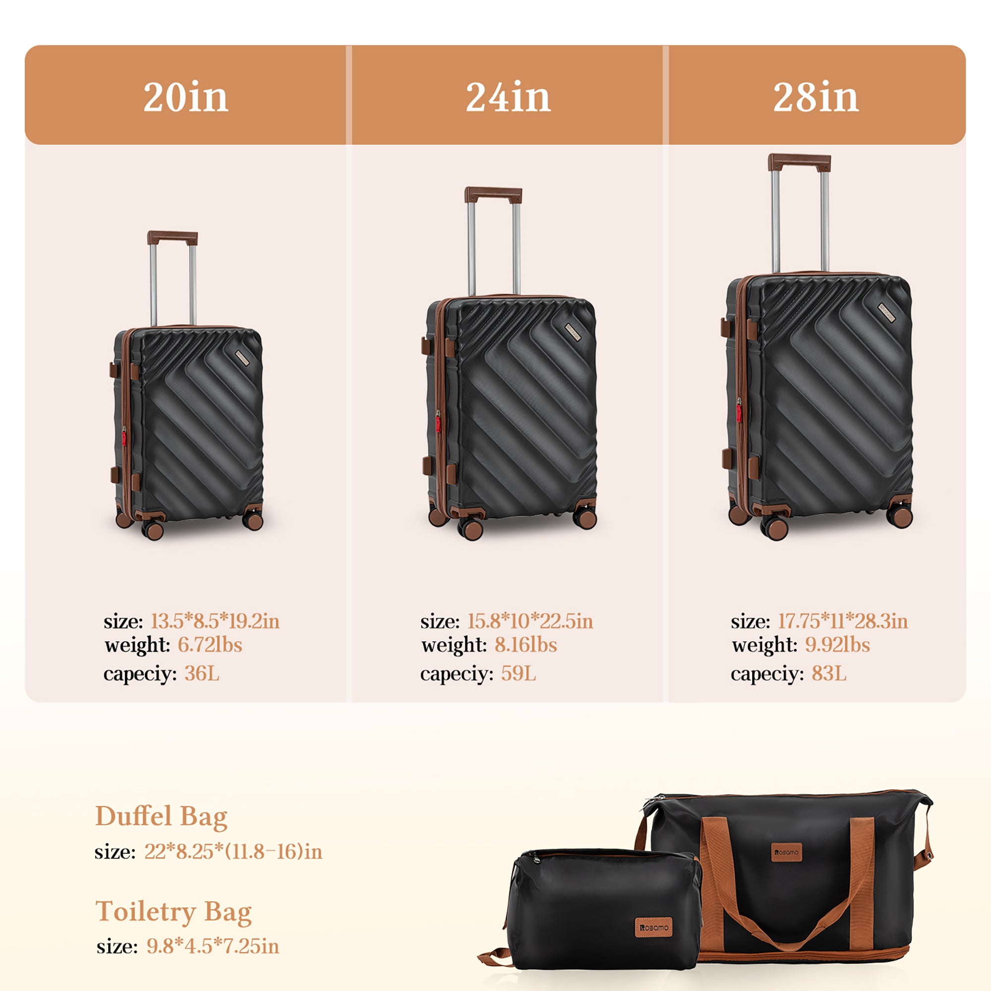 Rosamo 5 Piece 20/24/28 Inch Hardside Luggage Set, Expandable Suitcase with Spinner Wheels & TSA Lock, Carry on Luggage Set with Travel Bags