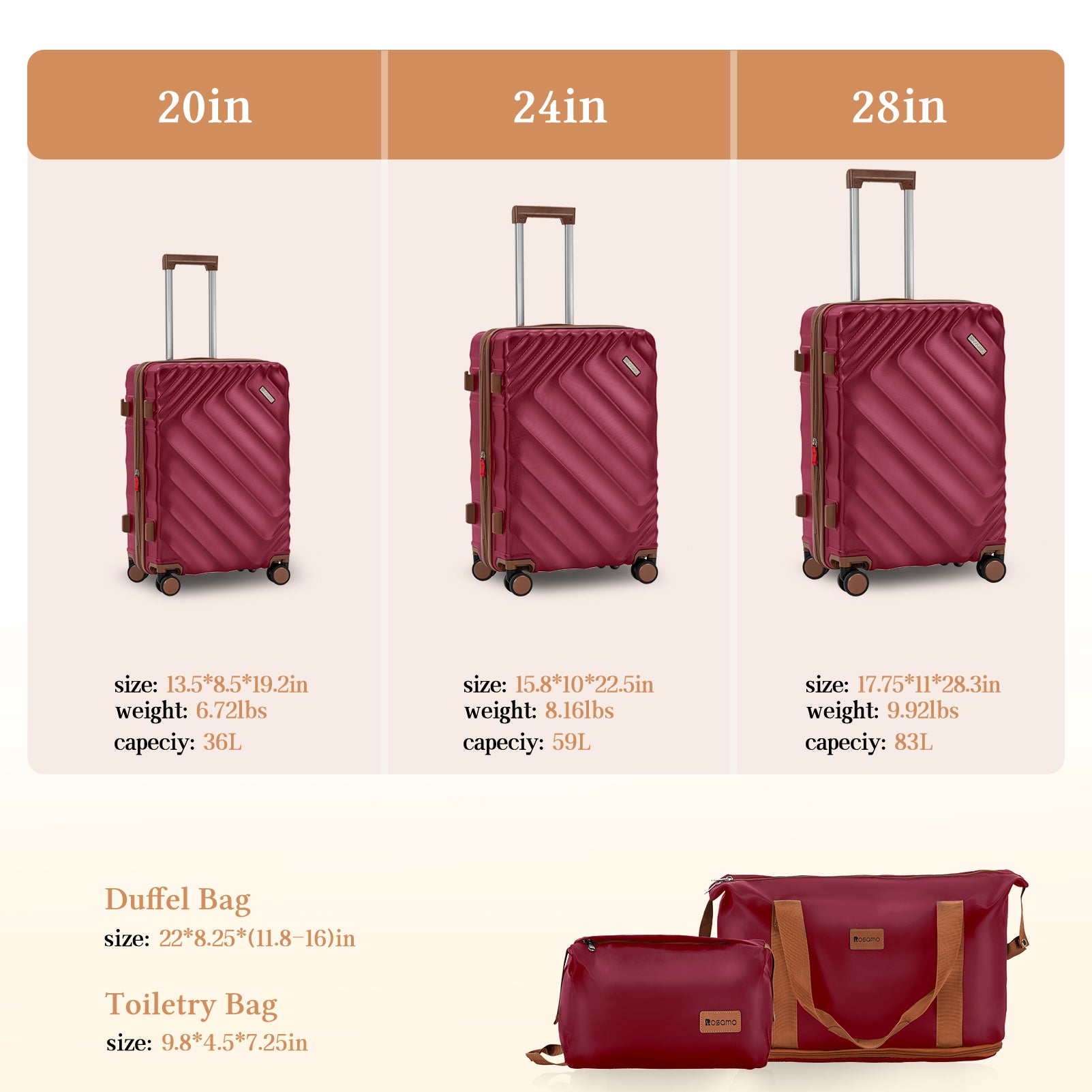 Rosamo 5 Piece 20/24/28 Inch Hardside Luggage Set, Expandable Suitcase with Spinner Wheels & TSA Lock, Carry on Luggage Set with Travel Bags