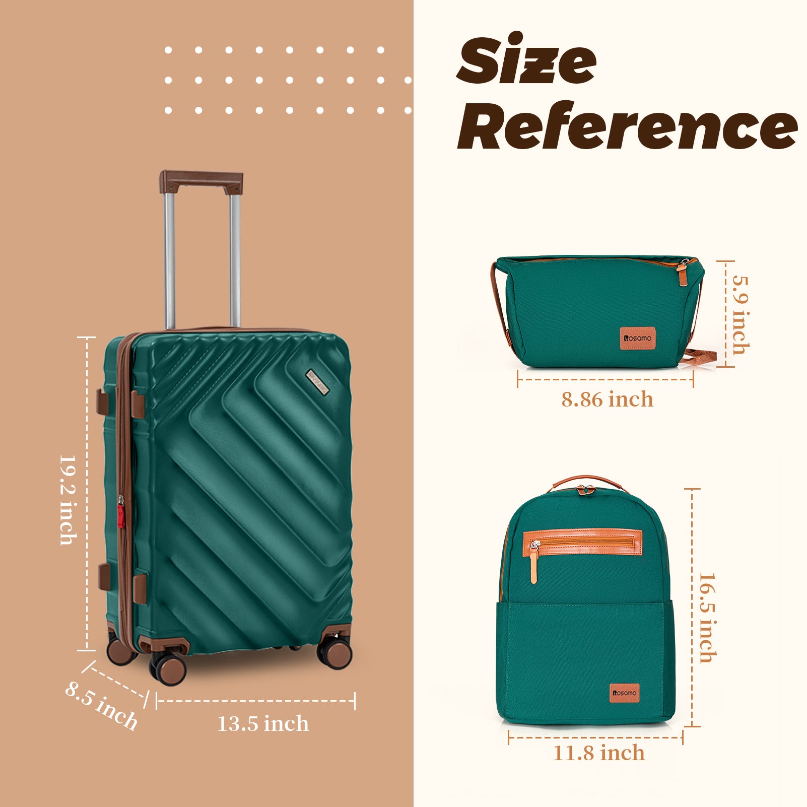 Rosamo 3-Piece 20 inch Hardside Luggage Set, Carry on Suitcase with Spinner Wheels & TSA Lock, Travel Backpack with USB & Type-C Charging Port, Toiletry Bag, Dark Green