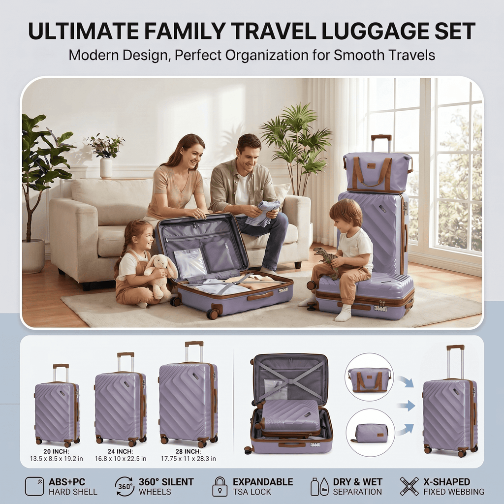 Rosamo 6 Piece Hardshell Luggage Set, Lightweight Expandable Suitcases with Spinner Wheels, TSA Lock, Durable ABS Luggage Sets for Travel,Purple