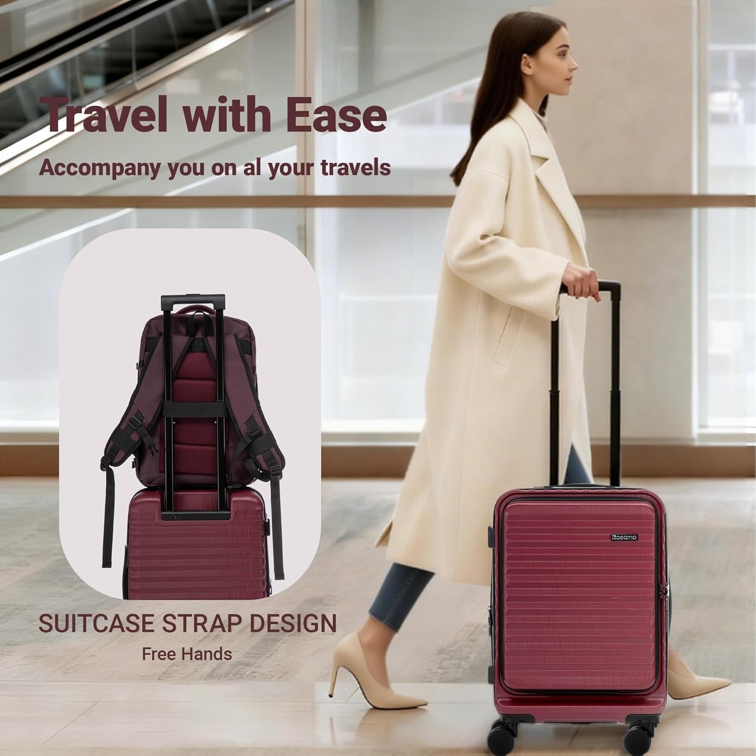 Rosamo 3-Piece Luggage Set, 20" Front Open Carry-on Hardside Suitcase with Spinner Wheels, Travel Backpack & Toiletry Bag,Expandable Luggage for Business & Trips,Red
