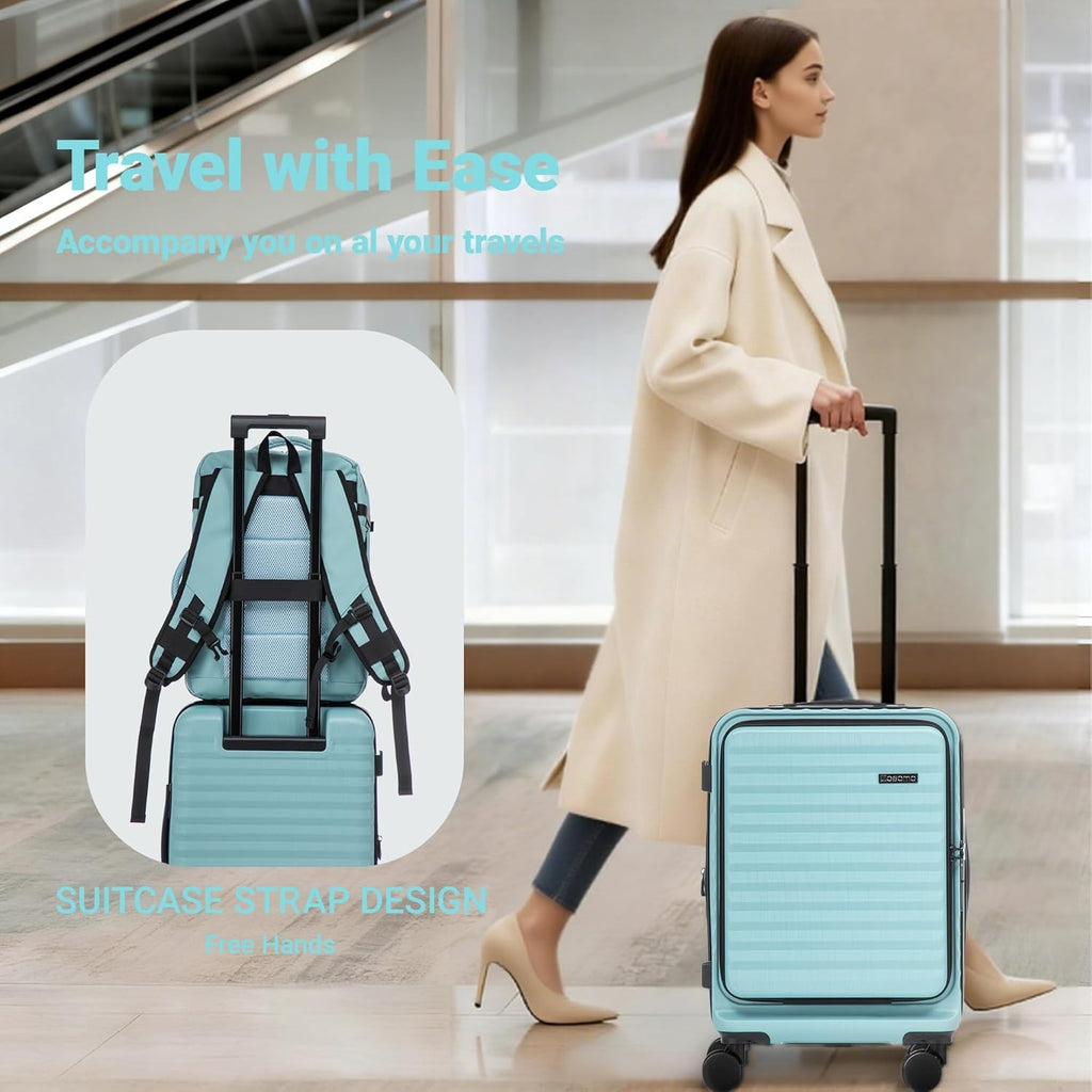 Rosamo 3-Piece Luggage Set, 20" Front Open Carry-on Hardside Suitcase with Spinner Wheels, Travel Backpack & Toiletry Bag,Expandable Luggage for Business & Trips,Tiffany Blue