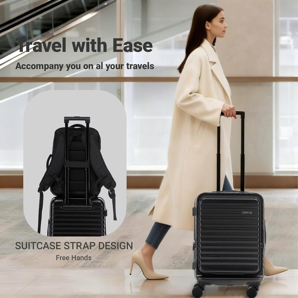 Rosamo 3-Piece Luggage Set, 20" Front Open Carry-on Hardside Suitcase with Spinner Wheels, Travel Backpack & Toiletry Bag,Expandable Luggage for Business & Trips,Black