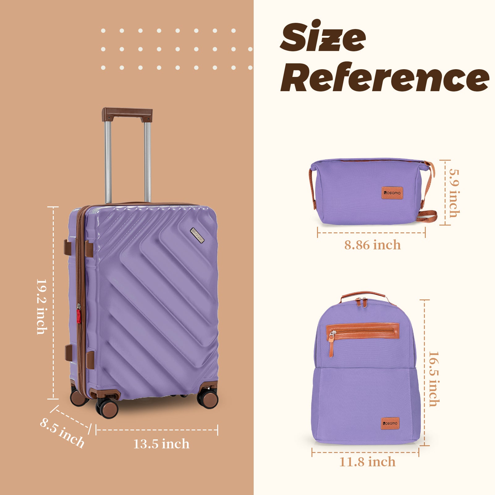 Rosamo 3-Piece 20 inch Hardside Luggage Set, Carry on Suitcase with Spinner Wheels & TSA Lock, Travel Backpack with USB & Type-C Charging Port, Toiletry Bag, Purple