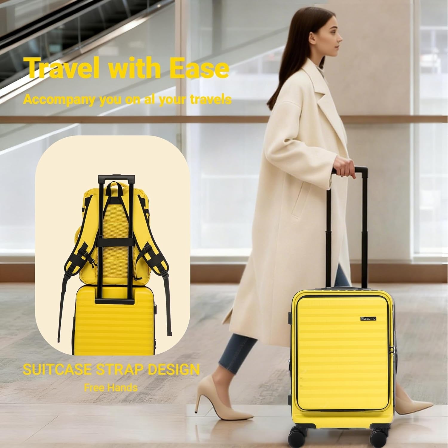Rosamo 3-Piece Luggage Set, 20" Front Open Carry-on Hardside Suitcase with Spinner Wheels, Travel Backpack & Toiletry Bag,Expandable Luggage for Business & Trips,Yellow