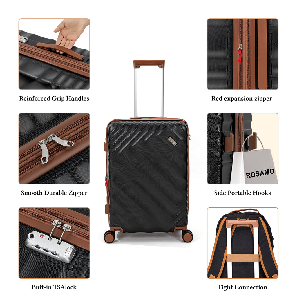 Rosamo 3-Piece 20 inch Hardside Luggage Set, Carry on Suitcase with Spinner Wheels & TSA Lock, Travel Backpack with USB & Type-C Charging Port, Toiletry Bag, Black