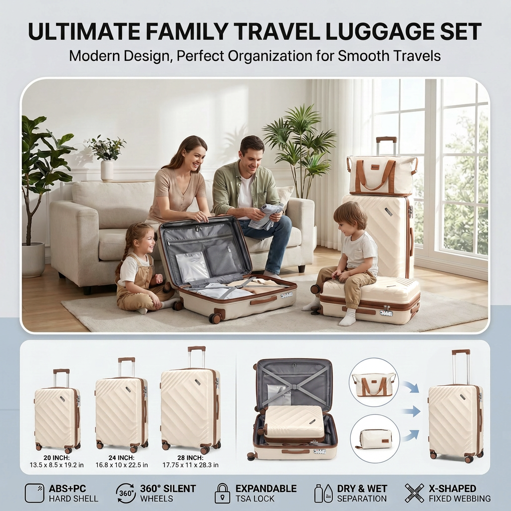 Rosamo 6 Piece Hardshell Luggage Set, Lightweight Expandable Suitcases with Spinner Wheels, TSA Lock, Durable ABS Luggage Sets for Travel,Beige