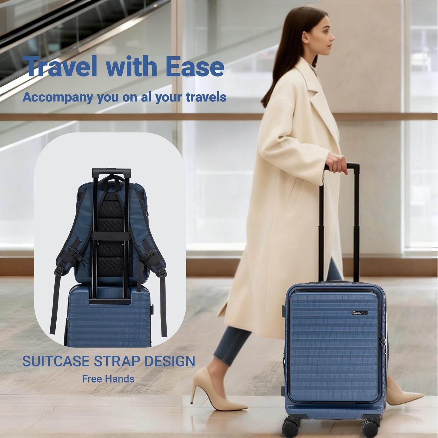 Rosamo 3-Piece Luggage Set, 20" Front Open Carry-on Hardside Suitcase with Spinner Wheels, Travel Backpack & Toiletry Bag,Expandable Luggage for Business & Trips,DarkBlue