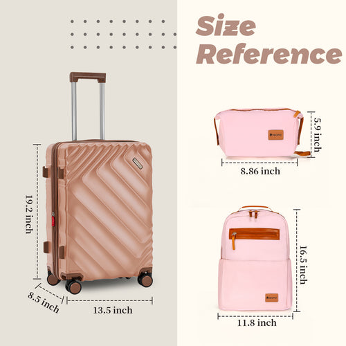 Rosamo 3-Piece 20 inch Carry on Luggage Set, Hardside Suitcase with Spinner Wheels TSA Lock，Lightweight luggage for boarding airplanes, Travel Backpack, Toiletry Bag