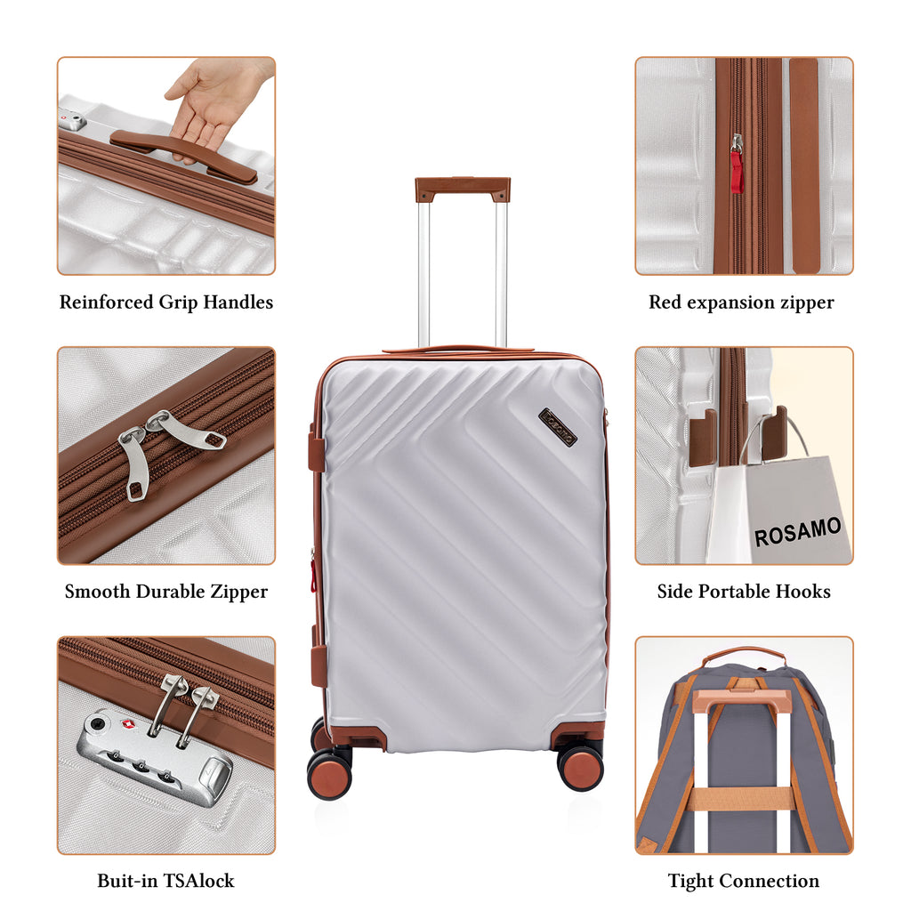 Rosamo 3-Piece 20 inch Hardside Luggage Set, Carry on Suitcase with Spinner Wheels & TSA Lock, Travel Backpack with USB & Type-C Charging Port, Toiletry Bag, Silver