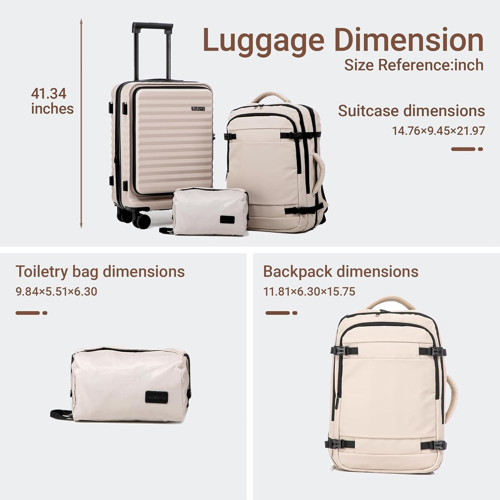 Rosamo 3-Piece Luggage Set, 20" Front Open Carry-on Hardside Suitcase with Spinner Wheels, Travel Backpack & Toiletry Bag,Expandable Luggage for Business & Trips,Beige