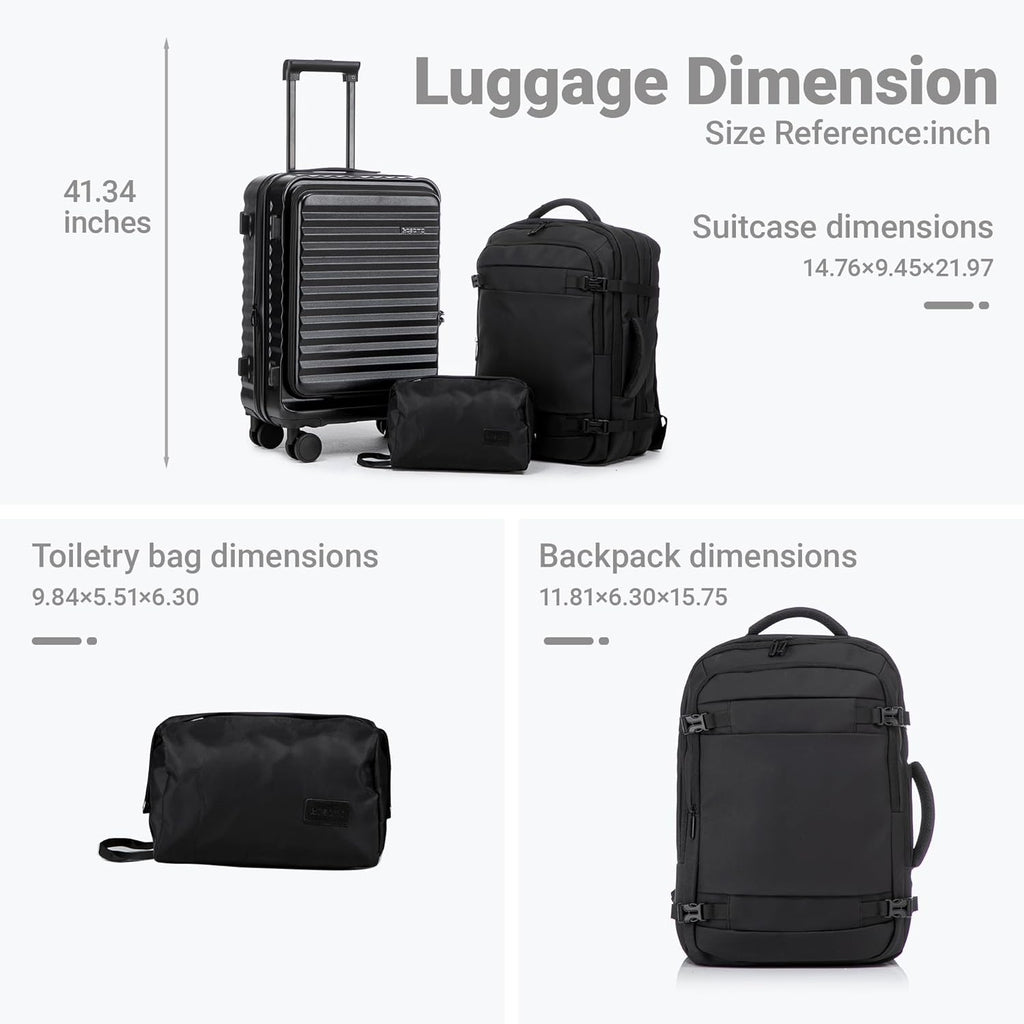 Rosamo 3-Piece Luggage Set, 20" Front Open Carry-on Hardside Suitcase with Spinner Wheels, Travel Backpack & Toiletry Bag,Expandable Luggage for Business & Trips,Black