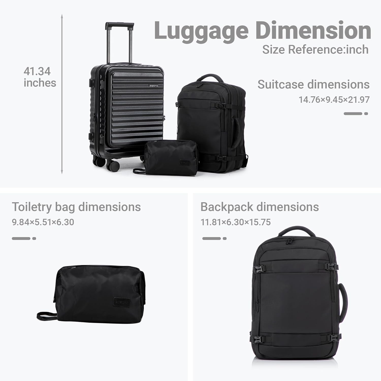 Rosamo 3-Piece Luggage Set, 20" Front Open Carry-on Hardside Suitcase with Spinner Wheels, Travel Backpack & Toiletry Bag,Expandable Luggage for Business & Trips,Black