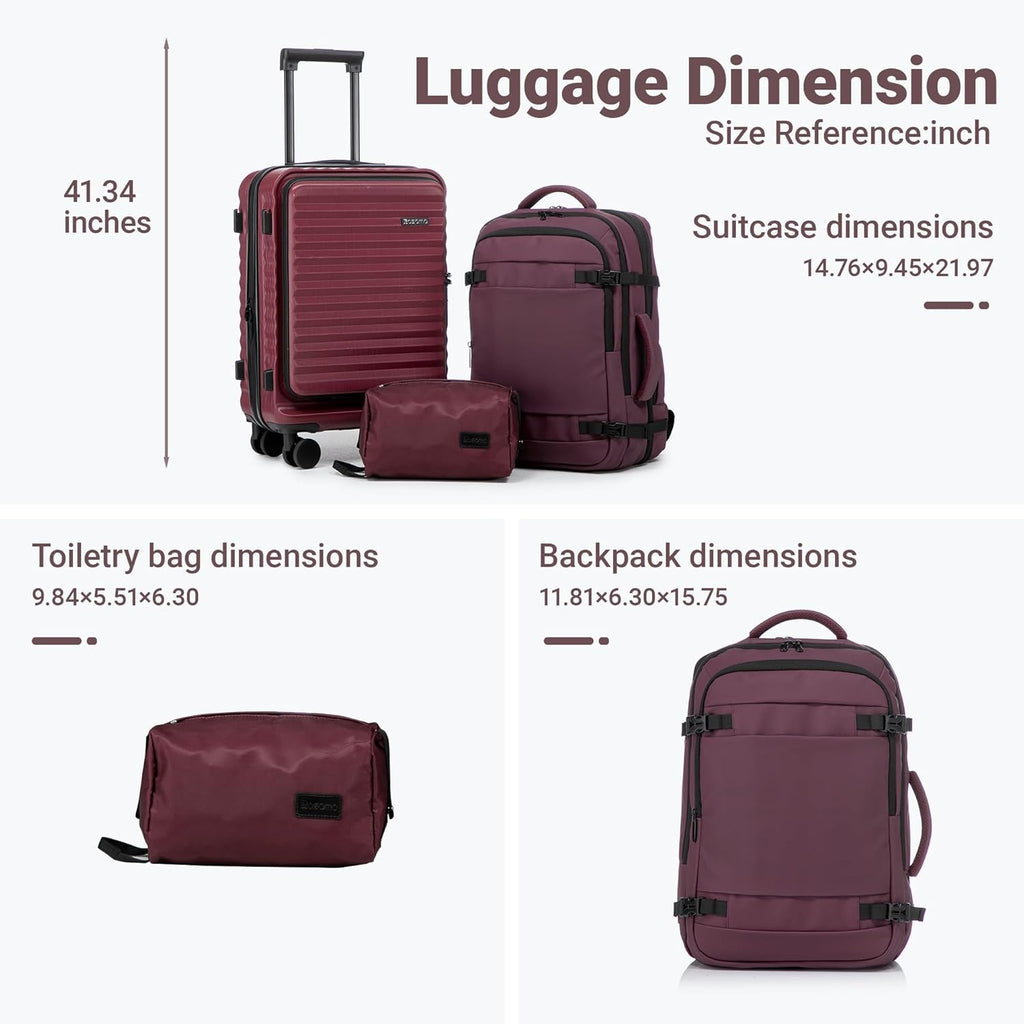 Rosamo 3-Piece Luggage Set, 20" Front Open Carry-on Hardside Suitcase with Spinner Wheels, Travel Backpack & Toiletry Bag,Expandable Luggage for Business & Trips,Red