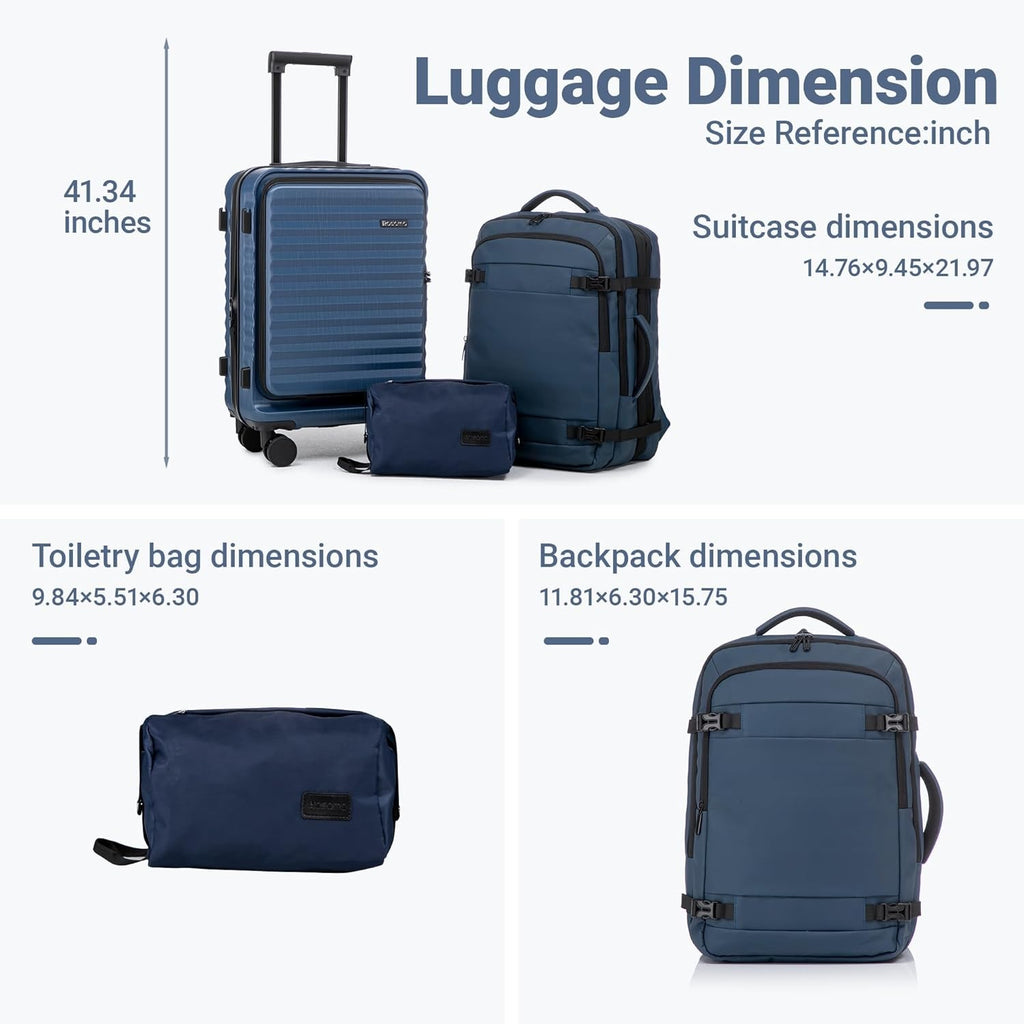 Rosamo 3-Piece Luggage Set, 20" Front Open Carry-on Hardside Suitcase with Spinner Wheels, Travel Backpack & Toiletry Bag,Expandable Luggage for Business & Trips,DarkBlue