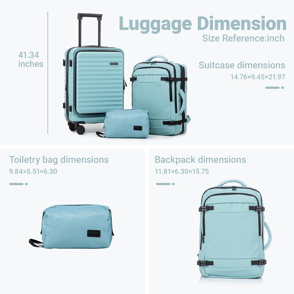Rosamo 3-Piece Luggage Set, 20" Front Open Carry-on Hardside Suitcase with Spinner Wheels, Travel Backpack & Toiletry Bag,Expandable Luggage for Business & Trips,Tiffany Blue