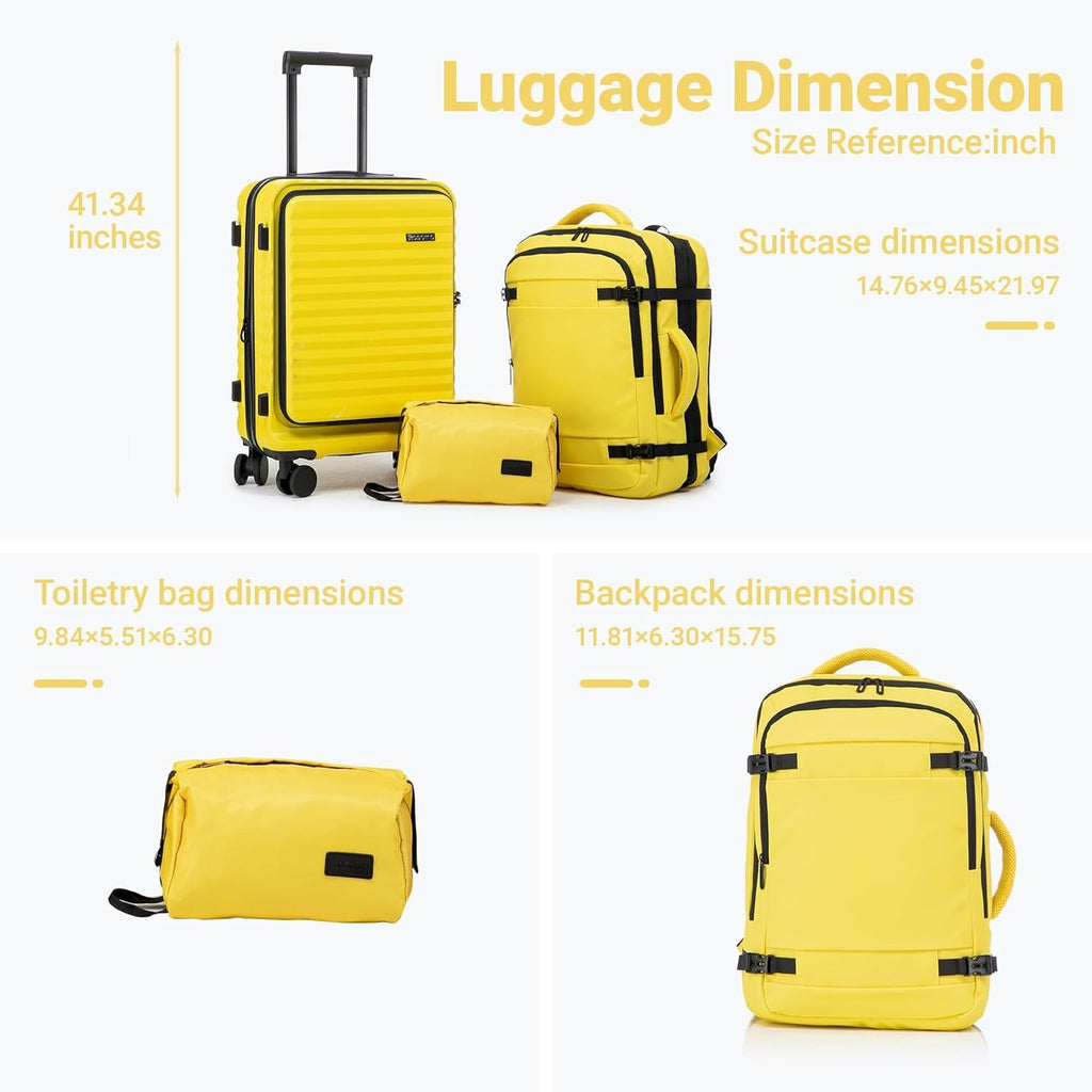 Rosamo 3-Piece Luggage Set, 20" Front Open Carry-on Hardside Suitcase with Spinner Wheels, Travel Backpack & Toiletry Bag,Expandable Luggage for Business & Trips,Yellow